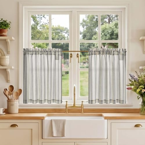 TOPICK Linen Look Kitchen Curtains, Cafe Curtains, W36 xL24 Black Striped | 2 Panels Rod Pocket Light Filtering Curtains, Half Window Curtain 2 Drapes for Bedroom, Living Room, Cupboard Base, Sink