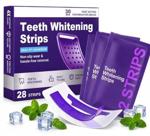 28 Piezas Tiras Blanqueadoras Moradas, Tiras Blanqueadoras Antideslizantes, Strips Profesionales De Blanqueamiento De Diente, Dientes Para El Café Vino y Otras Manchas, Refresca RespiracióN