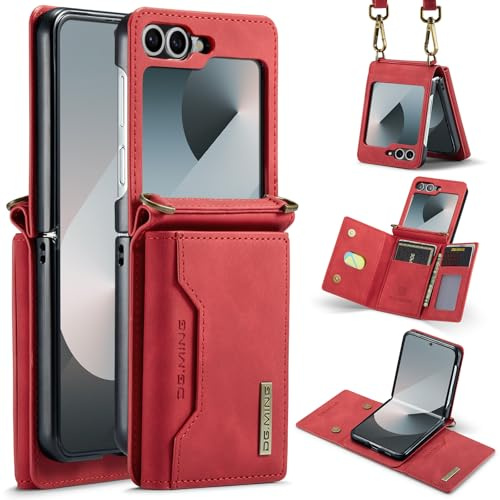 Plånboksfodral till Samsung Galaxy Z Flip 8, matt läderfodral fodral korthållare avtagbar axelrem spänne design fodral – röd