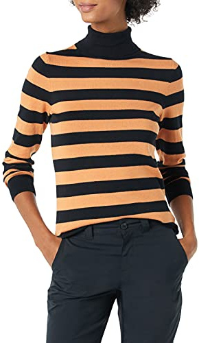 Amazon Essentials Jersey de Manga Larga Ligero de Corte Clásico Mujer, Negro Camel Raya de Rugby, S