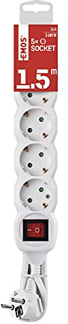EMOS – 5-vägs grenuttag 1,5 m med strömbrytare – 5 Schuko-uttag roterade 45° – 250 V, 16 A, 3 680 W – PVC-isolering – H05VV-F3G 1,5 mm2 – ökat kontaktskydd – IP20 för inomhus – vit