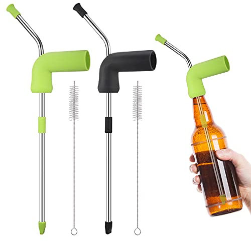 2Pcs Stainless Steel Drinking Snorkel for Alcohol, Portable Beer Bong Funnel with 2 Straw Brush, Beer Accessory Speed Drinking, Party, Bar, Festival