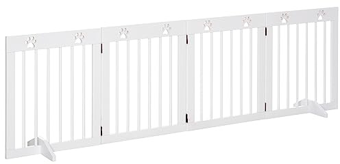 PawHut Barrera para Perros Plegable de 4 Paneles 204x61 cm Barrera de Seguridad para Perros Pequeños con Estructura de Madera y Patas de Apoyo para Pasillo Escalera Blanco