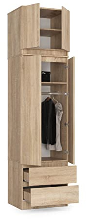 BDW - Armadio con scaffale superiore, 4 ante, 2 cassetti, per la camera da letto, il soggiorno, il corridoio, 234 x 60 x 51 cm, (rovere Sonoma), taglia unica