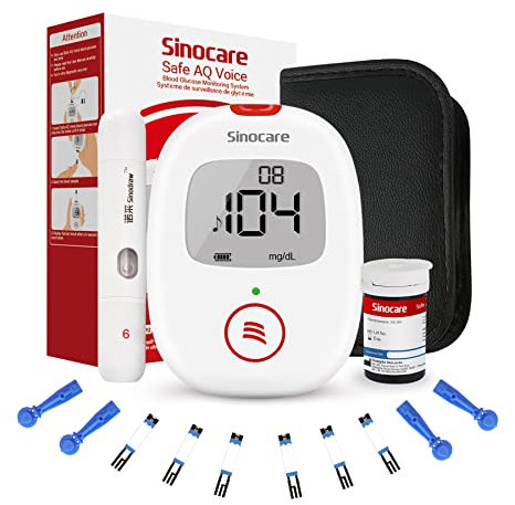 Sinocare Safe AQ Voice Glucometro Misuratore Glicemia nel Sangue Senza Codifica con Funzione Vocale, Diabete Test Kit di Test Rapido e Accurato, Incluse 25 Strisces/Lancettes-mg/dL
