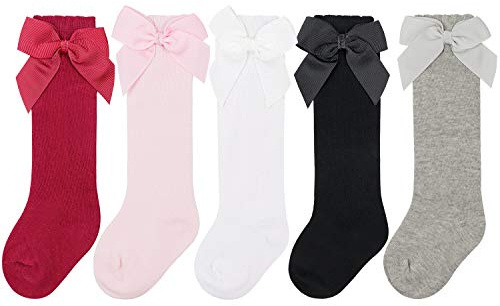 DRESHOW Knähöga Strumpor För Barnflickor Småbarn Klädsockor Baby Bow Stocking Bomullsstrumpor för Spädbarn