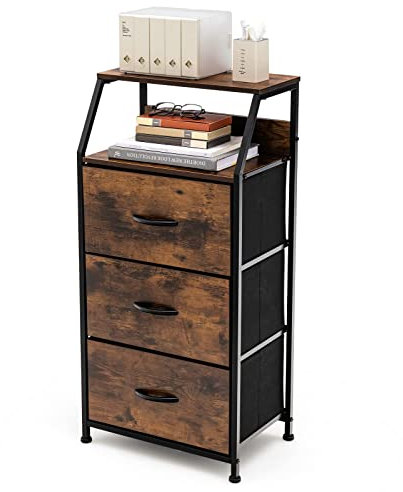 KOMFOTTEU Kommode Aufbewahrungsschrank mit 3 Stoff Schubladen, Stoffschrank Sideboard mit Metallrahmen, Schubladenkommode Regalkommode Industrial für Schlafzimmer Wohnzimmer, vintagebraun