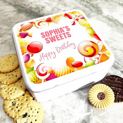Square Sweets Frame Orange Pink Birthday Personalised Treat Tin Personalised Gift | Custom Gift | Personalized Tin | Cake, Biscuit & Treat Tins | Gift For Her | Gift For Him