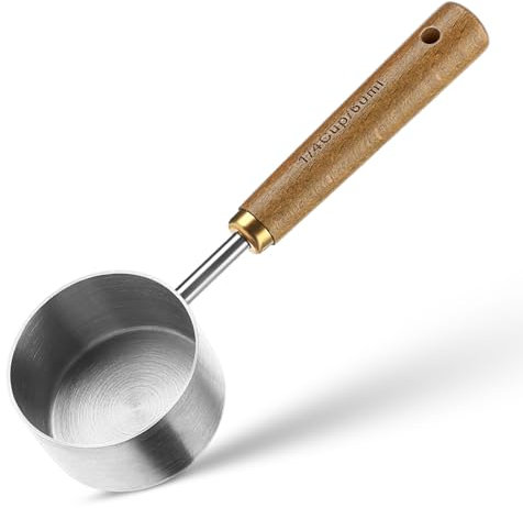 60 ml Messlöffel, Messwerkzeug aus Edelstahl mit Titanbeschichtung, Messlöffel, Tasse Messbecher mit Holzgriff zum Backen von Tee und Kaffee(Silber)