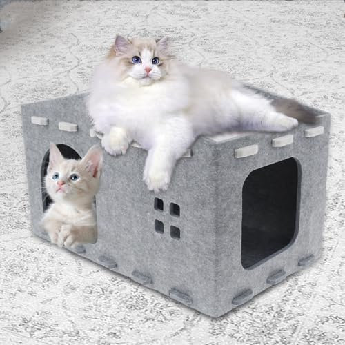Sutowe Cat House for Indoor Cat 2 Layer Cat Cave 52x32x31cm Thick Felt Scratching Board Cat Bed Condo Wrap Around Cat Hut Warm Soft Cat Tent Pet House for Puppy Kitten Small Dogs
