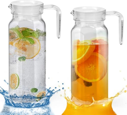 Water Jug, KYYGKY 2 Pack 1.1 Litre Plastic Pitcher with Lid, Clear Water Pitcher Transparent Waters Carafe Jug Unbreakable Beverage Pitchers Fridge Jugs for Hot Cold Waters Ice Tea Coffee Milk Juice