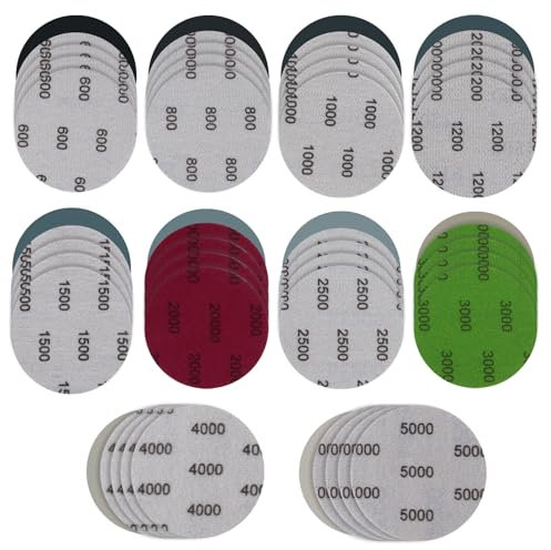 50 Pièces Disques de Ponçage 75mm Grain 600/800/1000/1200/1500/2000/2500/3000/4000/5000 Disques Abrasifs Auto-Agrippants Papier de Verre Sec à l'Eau Disques Abrasifs Ronds pour Métal Bois Miroir