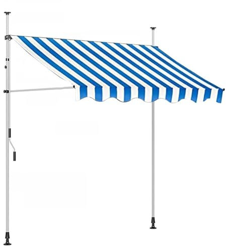 Toldo retráctil manual para exteriores con brazo de terraza. Techo exterior a rayas azules y blancas con altura ajustable. Toldo manual con brazos abatibles, ideal para cualquier tipo de exterior