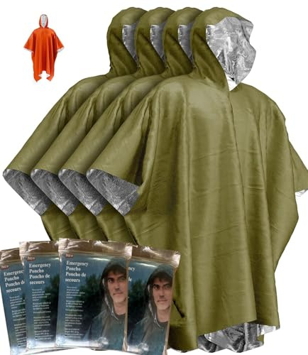 Kanuothbon Emergency Survival Poncho (4pc) Thermal Mylar Foil Coating Blanket for Heat Retention and Rain | Reversible with Hood | Waterproof, Windproof, Portable, Hands-free, Outdoor Kit