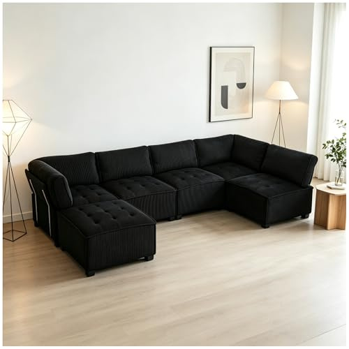 Wyibwy Sofá esquinero grande, 308 x 154 x 82 cm, 6 plazas, bolsillos portaobjetos, combinable en U, L, sofás de cama, sofá modular, pana, negro