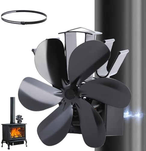 JossaColar Ofenventilator Kaminventilator Magnetisch | 6 Klingen Ofenrohr Ventilator | Verstellbarer Sockel, Geeignet für Kamin- und Ofenrohr | Kamin Ventilator inkl. Magnetisches Thermometer