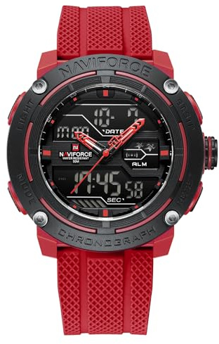 NAVIFORCE Orologio sportivo da uomo, impermeabile, doppio display, al quarzo, orologio digitale con data, cronometro militare, Rosso, Classico