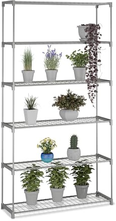 Relaxdays Blomhylla, H x B x D: 174 x 91 x 28 cm, 6 hyllor, plugin-system, metall och plast, växthushylla, grå