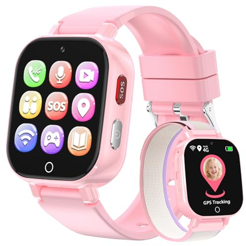 PTHTECHUS 4G Smartwatch Kinder GPS, Kinderuhr mit 4G Videoanruf Voice Chat Schulmodus Spiele Wecker Stoppuhr Schrittzähler, Telefon Uhr für Mädchen Jungen 4-12 Jahren Geschenk, Tiefrosa (Tiefrosa)