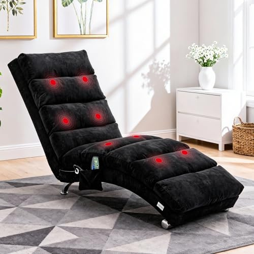 QQU Indoor Chaise Lounge, Upholstered Chaise Longue Chair with Massage, Full Body Support Fixed Recliner Sofa, Linen Leisure Chair with Side Pocket for Living Room Bedroom, Office (Black)