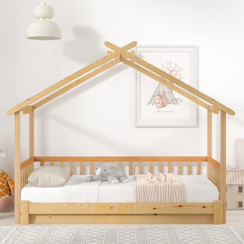 Merax Cama extensible en el árbol, cama infantil con función extraíble, individual y doble, madera maciza, natural, 200 x 90 cm y 200 x 180 cm