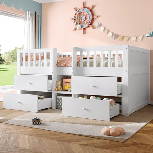 LTGB 3ft Single Low Loft Bed with Storage Drawer, Solid Wood Kids Cabin Bed Frame with Guardrail, Space-Saving Modern Children's Bed, for Kids Boys Girls, No Box Spring Needed, White (No Mattress)