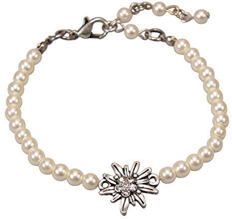 Alpenflüstern DAB074 - Bracciale da donna con perle e strass, con stella alpina, colore argento antico, colore bianco, 16.5 centimeters, 70% vetro, 10% ferro, 20% lega di metallo