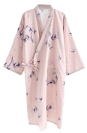 G-LIKE Japanischer Kimono Nachthemd Bademantel – Traditioneller Haori Yukata Stil 100% Baumwolle Frühling Sommer Hauskleid Saunamantel Leicht Dünn Nachtwäsche für Damen Herren (Rosa-Damen, L)