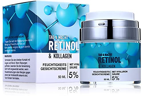 P-Beauty Retinol-kräm, för anti-aging med 5 % retinol 50 ml – fuktkräm, nattkräm och dagkräm med hyaluronsyra – anti-rynk-kräm, ansiktsvård med kollagen, aloe vera och vitaminer