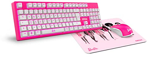 KROM BARBIE KANDY - Tastiera a Membrana LED Bianca, Mouse Sensore ottico 6400 DPI, Tappetino per mouse in gomma morbida e resistente, layout italiano, colore rosa