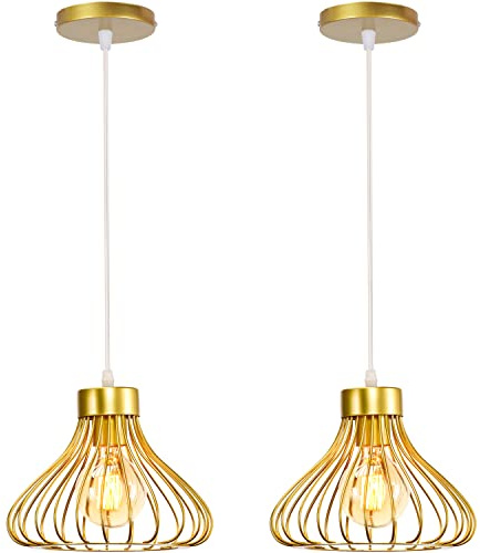 iDEGU 2 Stück Hängelampen Industrielle Pendelleuchte 23cm Lampenschirm aus Metall im Käfig Design Schwarz Vintage Lampe für Küche Esszimmer Schlafzimmer Wohnzimmer Flur Bar Restaurant (Gold)