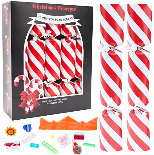 Christmas Concepts® 10 Cracker Natalizi Deluxe Stile Bastoncino di Zucchero con Glitter – Cappelli, Motti, Bottoni a Pressione e Novità Regalo Inclusi – 3 Colori Disponibili – Rossa