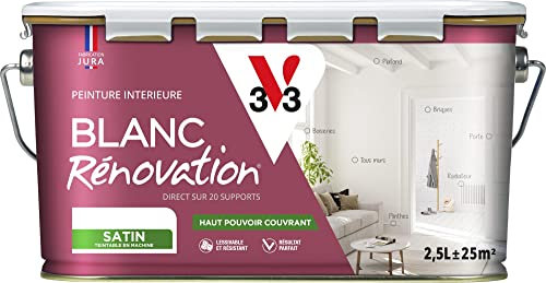 V33 Peinture blanche mur et plafond satinée - multi-supports - monocouche - BLANC RENOVATION®, 2,5L