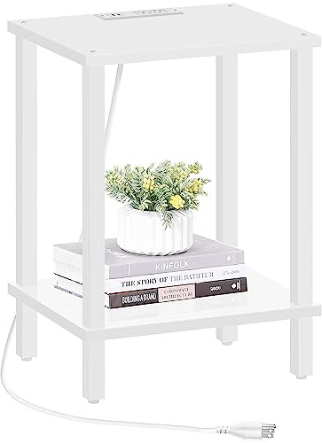 TUTOTAK End Table with Charging Station, Small Side Table with Outlets, Nightstand Bedside Table, 2-Tier Storage Shelf for Small Space, Living Room, Bedroom, White TB01BW040