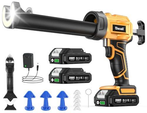 Uaoaii Electric Caulking Gun, Cordless Caulking Gun with 2x 2000mAh Batteries, 9Pcs Silicone Caulking Tools, 4 Adjustable Speeds, LED Light, 10OZ Battery Silicone Gun for Filling, Sealing (Yellow)