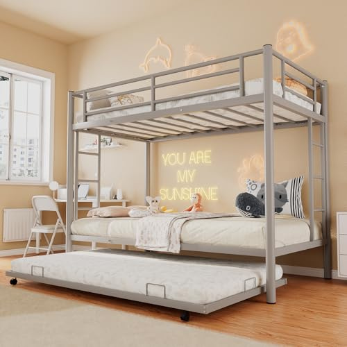 Merax Metal Bunk Bed Twin Over Twin Triple Bunk Bed with Twin Size Trundle, Grey Silver 642