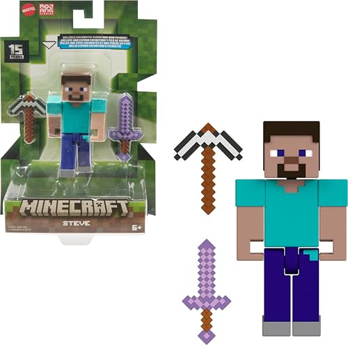 Mattel Minecraft - Personaggio Steve, action figure snodata alta 9+ cm con design pixelato e accessorio da battaglia, design ispirato all'iconico videogioco, giocattolo per bambini, 6+ anni, HTN05