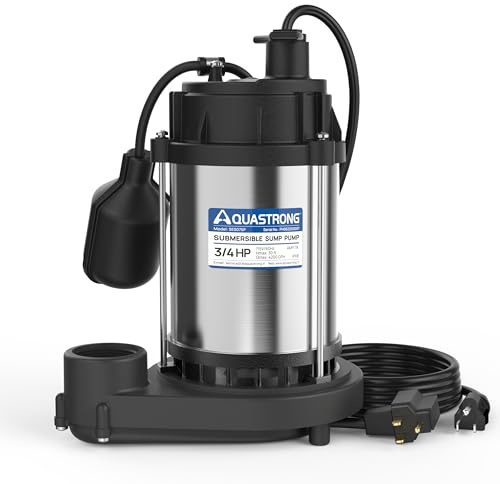 AQUASTRONG 3/4 HP Sump Pump, 4200 GPH Stainless Steel and Thermoplastic Submersible Water Pump, Automatic Float Switch with Piggy-back Plug,1-1/2 NPT Discharge Subpumps for Basement and Flooding Area