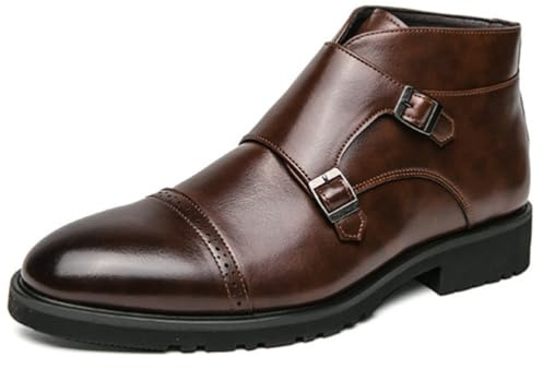 ANUFER Hombre Elegante Doble Hebilla Monje Botines Puntera Puntiaguda Negocio Zapatos de Vestir Café SD5A1110 EU40