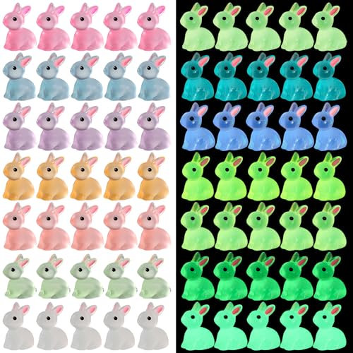 BOXOB 70pz Mini Coniglietto Luminoso, Coniglio Pasquale Resina Coniglietto in Miniatura Statuine si Illuminano al Buio Mini Conigli per Festa di Pasqua Decorazioni per la Casa (7 Colori)