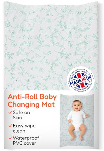 Babycurls Deluxe Anti-Roll PVC Wedge Nappy Baby Changing Mat with Curved Sides and Raised Edges for Babies from Birth Upwards Wipe Clean and Waterproof 69 x 45 x 8cm (Green Leaves)