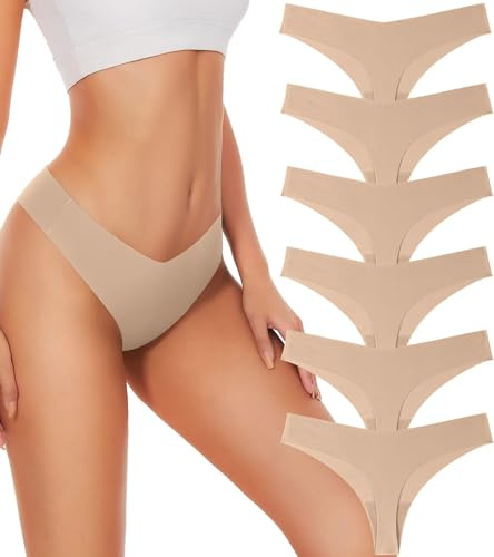 Hellopopgo Seamless Thongs For Women No Show Thong Seamless Underwear 6-Pack Panties Breathable V-waisted Thongs,M