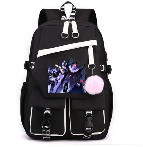 Sageam Anime Solo Leveling Merch stilvoller Schulrucksack Freizeitrucksäcke Nylon Wasserdicht Daypack mit Haarballen-Anhänger für Mädchen Damen