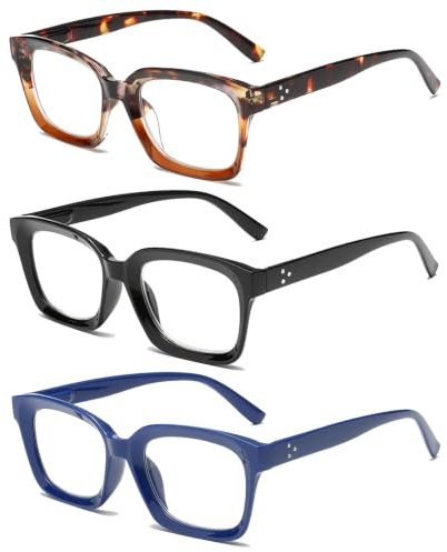 Hubeye Oversize Large Frame Reading Glasses Square Blue Light Blocking 3.00 | Retro Aesthetic Style, Fashion, Comfortable, Coarse Linen Storage Bag Free, Men Women, For Home and Office, Black+Blue+Stripe