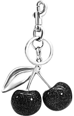 Kabwea Cherry Keychain Bag Charm Silber Blatt, Nette Schwarz Cherry Schlüsselanhänger, Langlebige Metall & Harz Material, Einzigartiges Taschenzubehör Geschenk