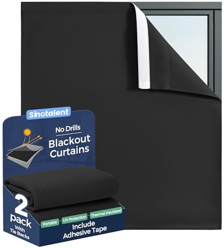 Sinotalent Adhesive Blackout Curtains for Bedroom Living Room 30 Inches Long 2 Panels, No Drill Window Blinds, Thermal Insulated & UV Protection, Light Blocking Drapes. (Black, 29 W x 30 L)