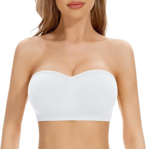 Push Up Strapless Bra for Women Padded Bandeau Bras Non-Slip Silicone Seamless Wireless Tube Tops Bra Supportive Bras for Bigger Bust Non Wired Comfort Bralette (White, L)