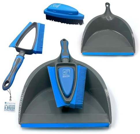 4 in 1 Dustpan and Brush Set - Clean all Mess on all Surfaces with Built in Squeegee, Rubber Bristles and Scrubbing Brush - Perfect for Carpet and Hard Flooring