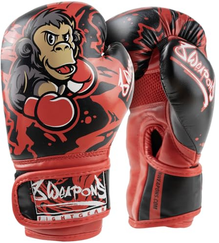 8 WEAPONS Boxhandschuhe Kinder, Joe, Schwarz-rot, Kinder Boxhandschuhe, Kunstleder, Perfekte Dämpfung für optimalen Schutz, Handschuhe für Muay Thai, K1, Boxen, MMA & Kickboxen, 8 Oz