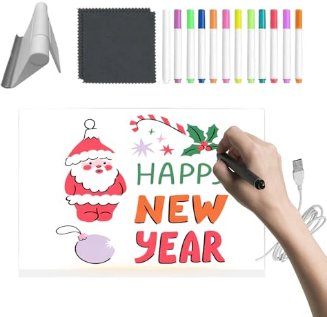 Tableau à dessin LED en acrylique transparent avec 12 marqueurs de couleur et support réglable - Tableau d'écriture lumineux LED effaçable pour enfants, adultes et maison (20 cm/30 cm)